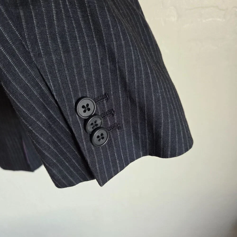 Banana Republic Vintage Y2K 100% Linen Pinstripe Blazer Black 44R Purple Lining